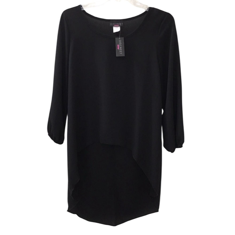 NWT Discreet Women’s High-Low 3/4 Sleeve Semi-Sheer Black Tunic Top Size Large